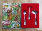 Schattig kinderbesteksetje kinderbestek ooievaar aap walrus?, Ophalen of Verzenden, Zo goed als nieuw, Rvs of Chroom, Bestekset