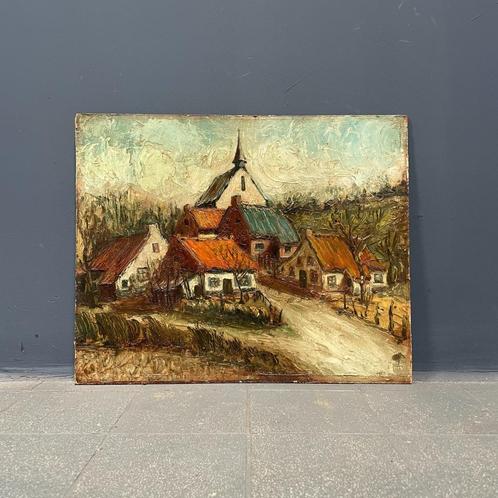 Oud olieverf schilderij van een dorp op board of paneel, Antiek en Kunst, Kunst | Schilderijen | Klassiek, Ophalen of Verzenden