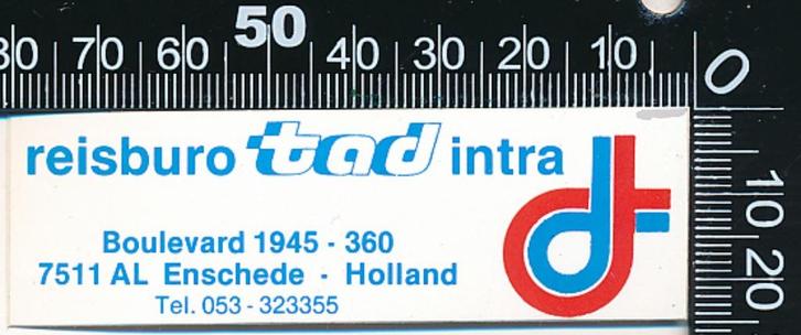 Sticker: Reisburo Tad Intra - Enschede, Verzamelen, Stickers, Zo goed als nieuw, Bedrijf of Vereniging, Ophalen of Verzenden