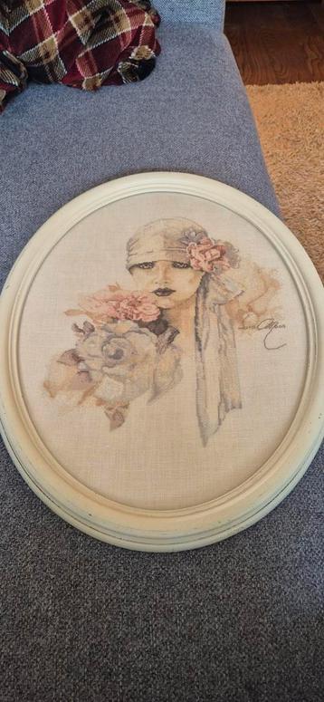Vintage Borduurwerk Portret Dame 50x40cm beschikbaar voor biedingen