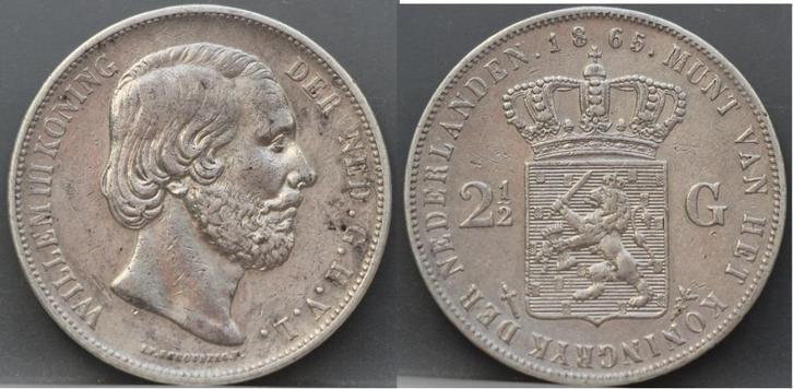 Mooie rijksdaalder 1865 - 2 1/2 gulden 1865 Willem 3, Postzegels en Munten, Munten | Nederland, Losse munt, 2½ gulden, Koning Willem III