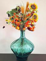 Grote decoratieve turquoise vaas van doorzichtig glas, Ophalen, Overige kleuren, Minder dan 50 cm, Glas