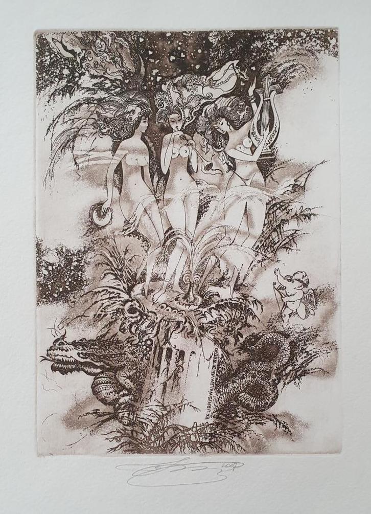 Exlibris / Ex libris O. Naboka, drie gratiën, mythologie, Antiek en Kunst, Kunst | Etsen en Gravures, Verzenden