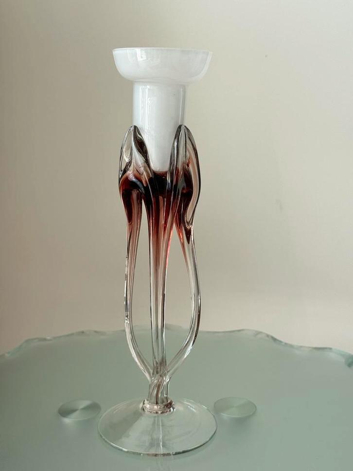 Vintage Muranoglazen kaarsenkandelaar bruin/wit, Antiek en Kunst, Antiek | Glas en Kristal, Ophalen of Verzenden