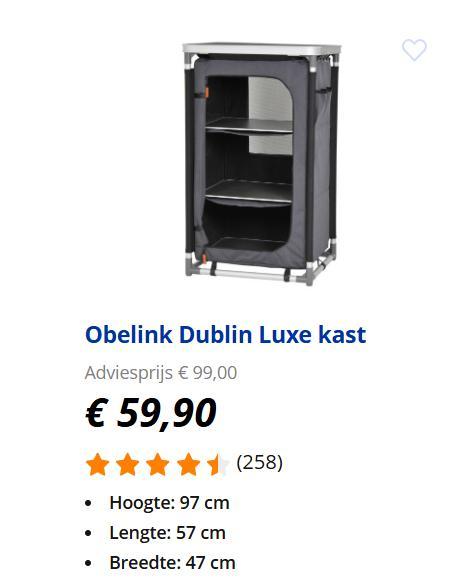 Obelink Dublin Luxe kast, Caravans en Kamperen, Kampeermeubelen, Zo goed als nieuw, Campingkast, Ophalen