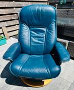 3 Stressless, draaifauteuils, blauw leer, beschadigd., Huis en Inrichting, Ophalen, Gebruikt, Leer