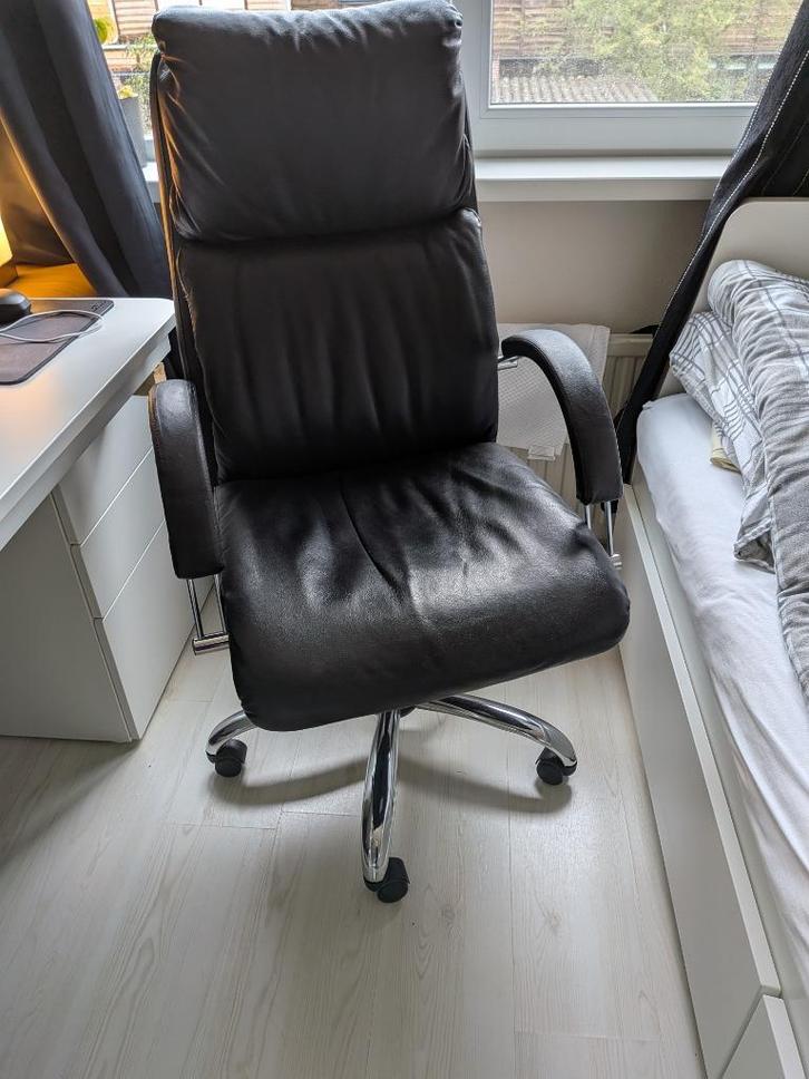 Bureaustoel Leer zwart, Huis en Inrichting, Bureaustoelen, Gebruikt, Bureaustoel, Zwart, Ophalen