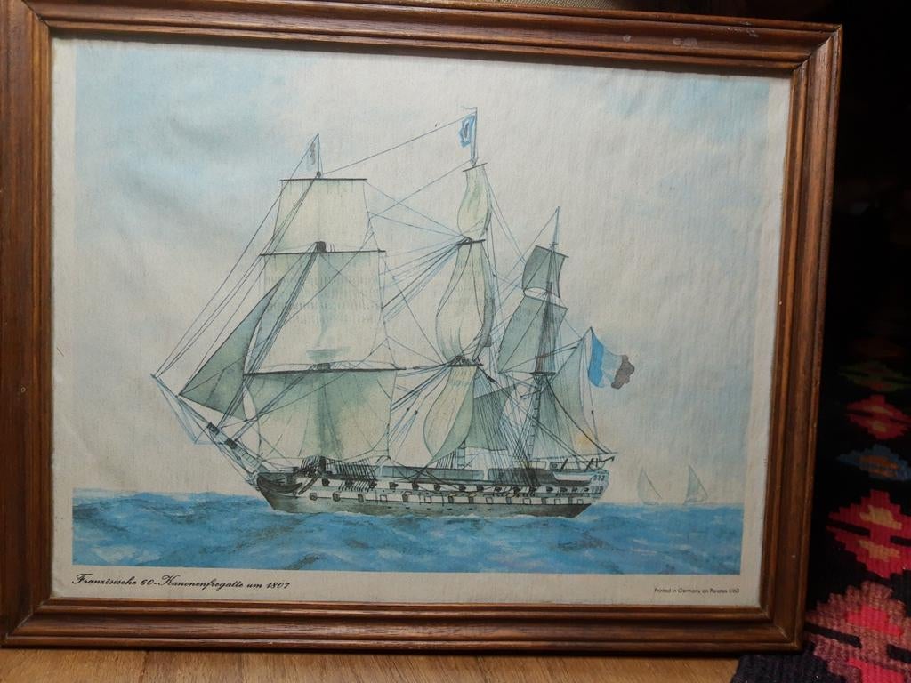 Antieke print Frans schip 1807 in eikenhouten lijst + glas, Antiek en Kunst, Ophalen of Verzenden