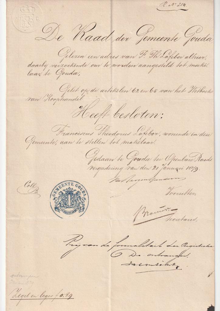 Documenten makelaar Gouda fam Lafeber stempel stamboom, Antiek en Kunst, Curiosa en Brocante, Ophalen of Verzenden