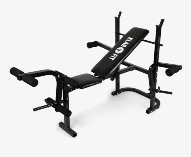 Bench en Stang met gewichten, Sport en Fitness, Fitnessmaterialen, Zo goed als nieuw, Dumbbell, Armen, Benen, Borst, Buik, Rug