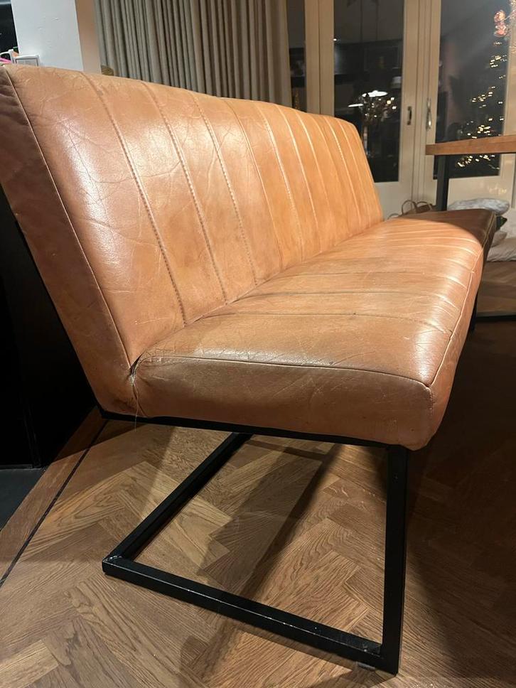 Cognac leren eetbank met zwart frame - 180cm breed, Huis en Inrichting, Stoelen, Gebruikt, Leer, Bruin, Ophalen of Verzenden