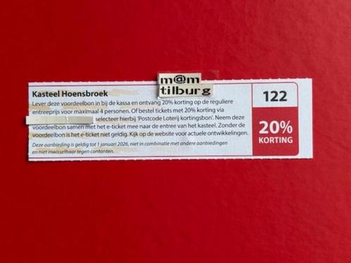 Bon 122 Kasteel Hoensbroek 20% korting, Tickets en Kaartjes, Kortingen en Cadeaubonnen, Drie personen of meer, Overige typen, Kortingsbon