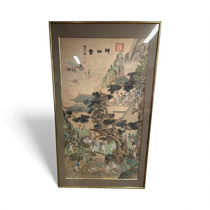 Chinees zijderol schilderij "Ontmoeting van onsterfelijken", Antiek en Kunst, Kunst | Niet-Westerse kunst, Ophalen