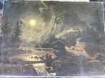 olieverf linnen dorps landschap bij maanlicht, Antiek en Kunst, Kunst | Schilderijen | Klassiek, Ophalen of Verzenden