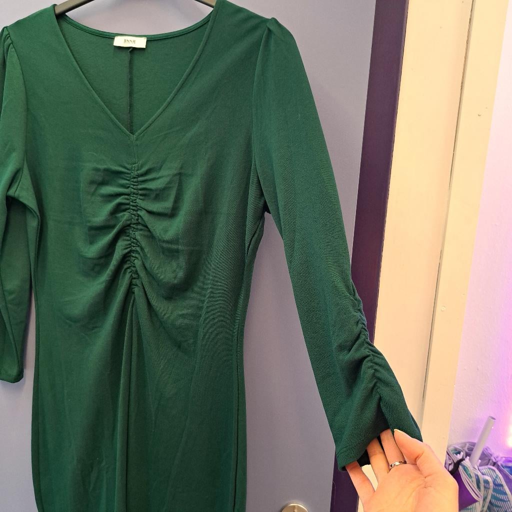 Anna van Toor jurk effen mos groen rimpelstukje maat L 48264, Anna van Toor, Anna van Toor, ., Maat 42/44 (L)