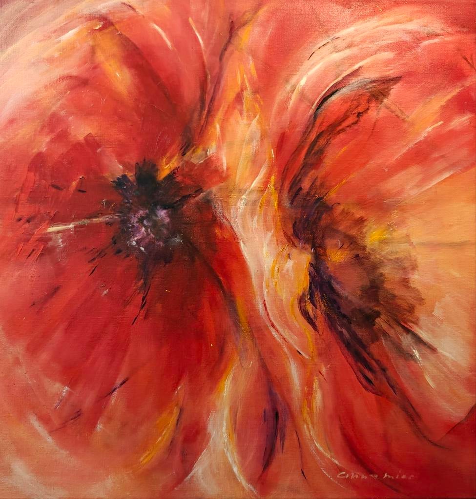 Prachtig abstract schilderij Klaproos - 80x80cm, Antiek en Kunst, Ophalen