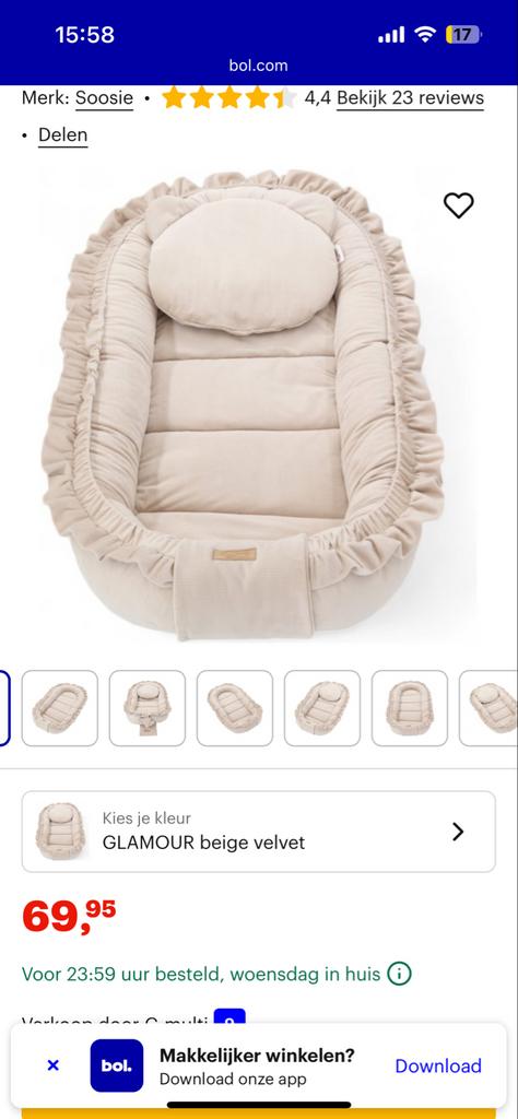 Babynestje Soosie beige velvet, Kinderen en Baby's, Babywiegjes en Ledikanten, Ophalen of Verzenden, Gebruikt, Overige typen
