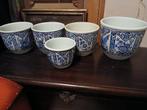 Set van vijf Delfts blauwe plantenpotten., Rond, Ophalen of Verzenden, Zo goed als nieuw, Balkon