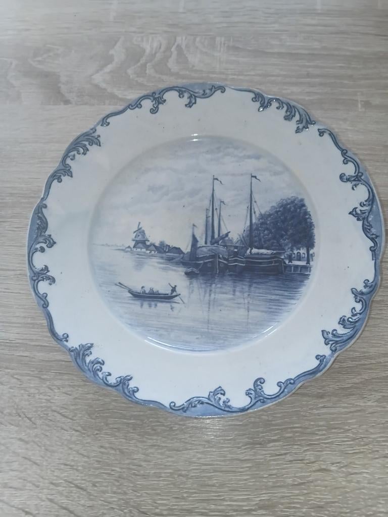 Antiek Delfts Blauw Wandbord met Hollands Landschap, Ophalen of Verzenden