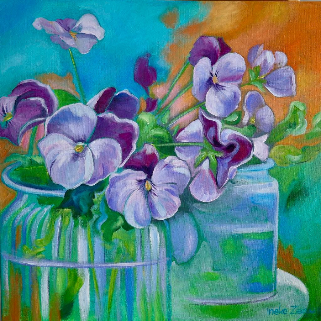 Stilleven blauwe viooltjes 60x60, Ophalen of Verzenden