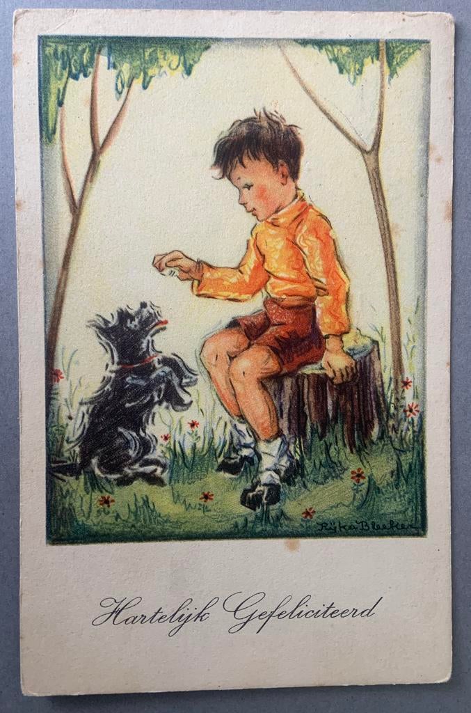 Jongen met zijn hond mooi geillustreerde door Rika Bleeker, Ophalen of Verzenden, Gelopen, Overige thema's