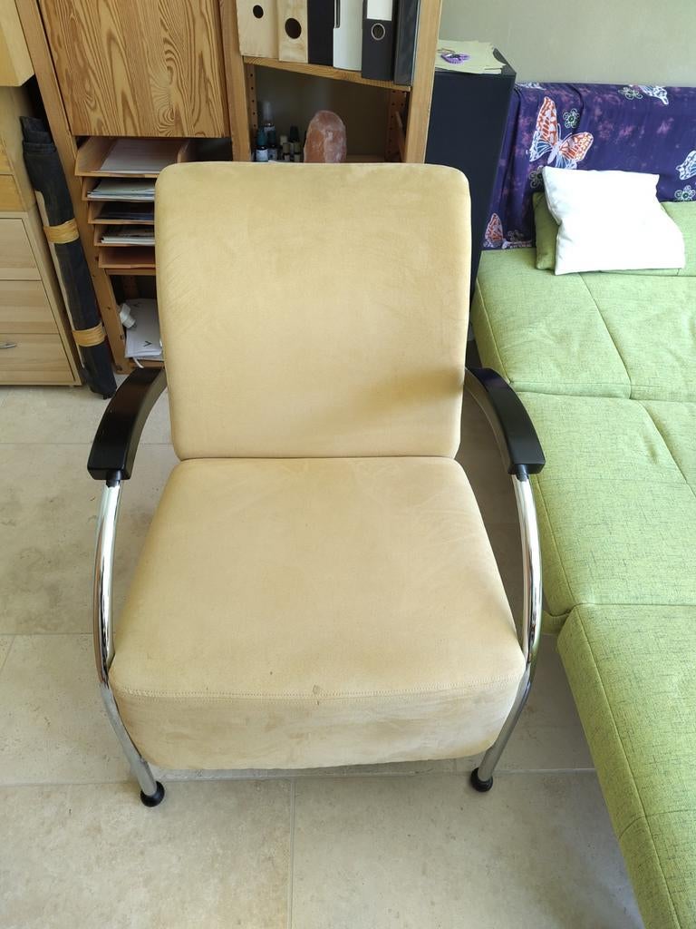 Comfortabele fauteuil met chromen frame, Huis en Inrichting, Fauteuils, Ophalen, Gebruikt, 75 tot 100 cm, Stof