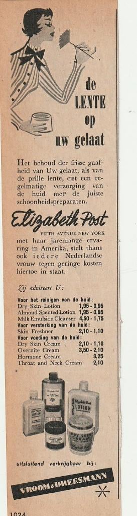 Retro reclame 1955 V&D Vroom Dreesman Elizabeth Post, Verzenden, Overige typen