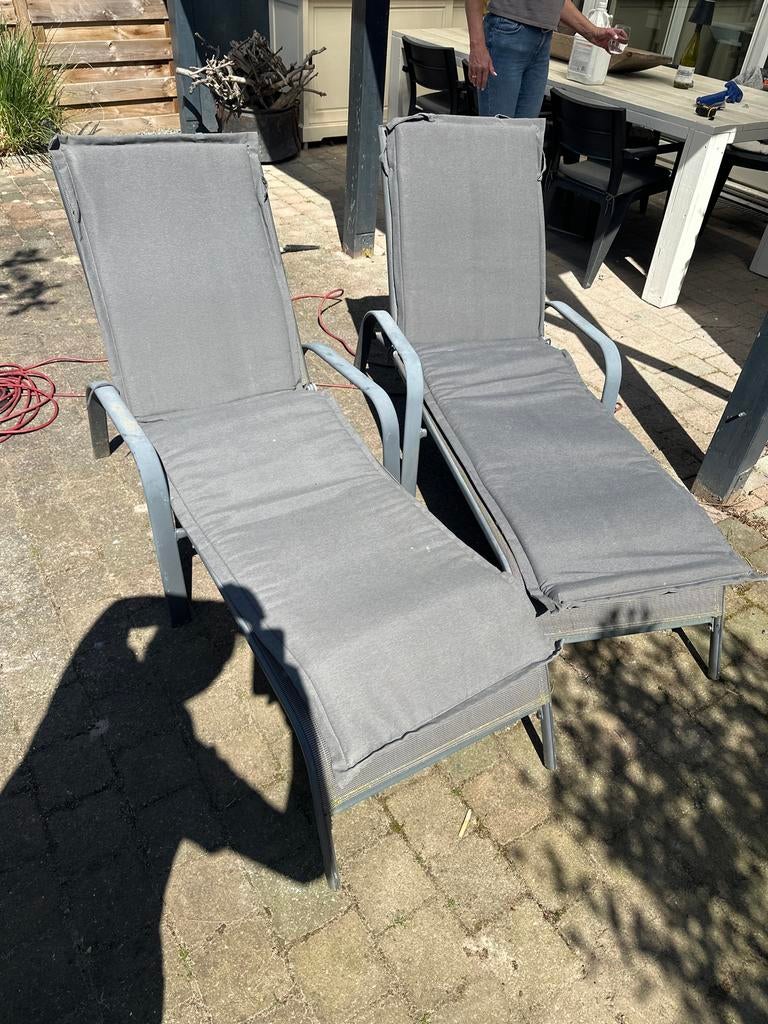 Twee ligbedden met kussens - Gebruikt, Ophalen of Verzenden, Zo goed als nieuw, Metaal