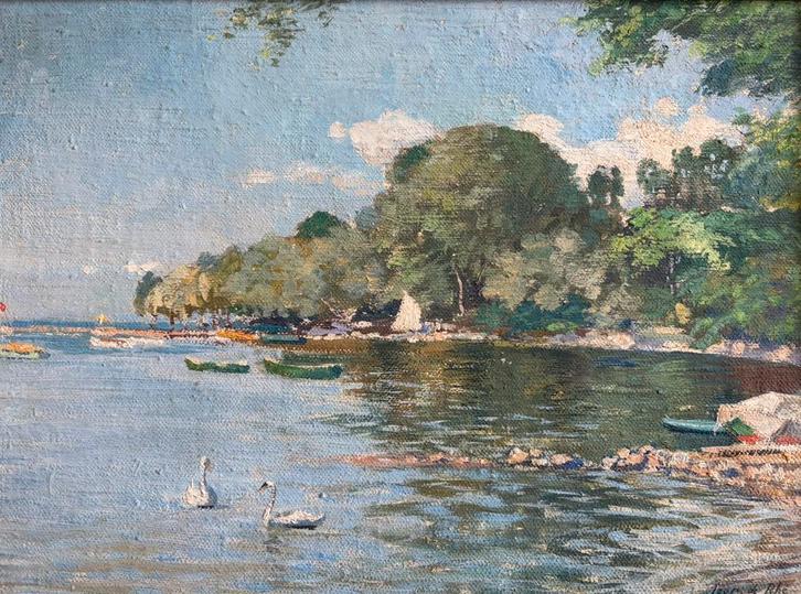 Gezicht op het meer van Genève. Jean de Rhé., Antiek en Kunst, Kunst | Schilderijen | Klassiek, Ophalen of Verzenden