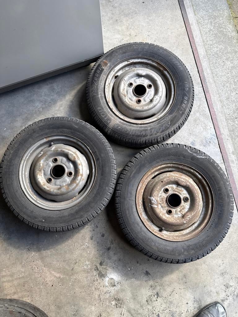 3 stalen velgen met band 3x100 - Aanhanger/Oldtimer, Ophalen of Verzenden, Gebruikt
