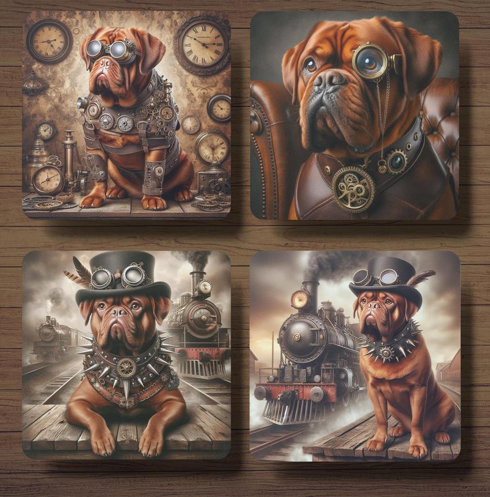 Bordeaux Dog Steampunk onderzetters met houder, Ophalen of Verzenden, Nieuw, Glas of Kopje