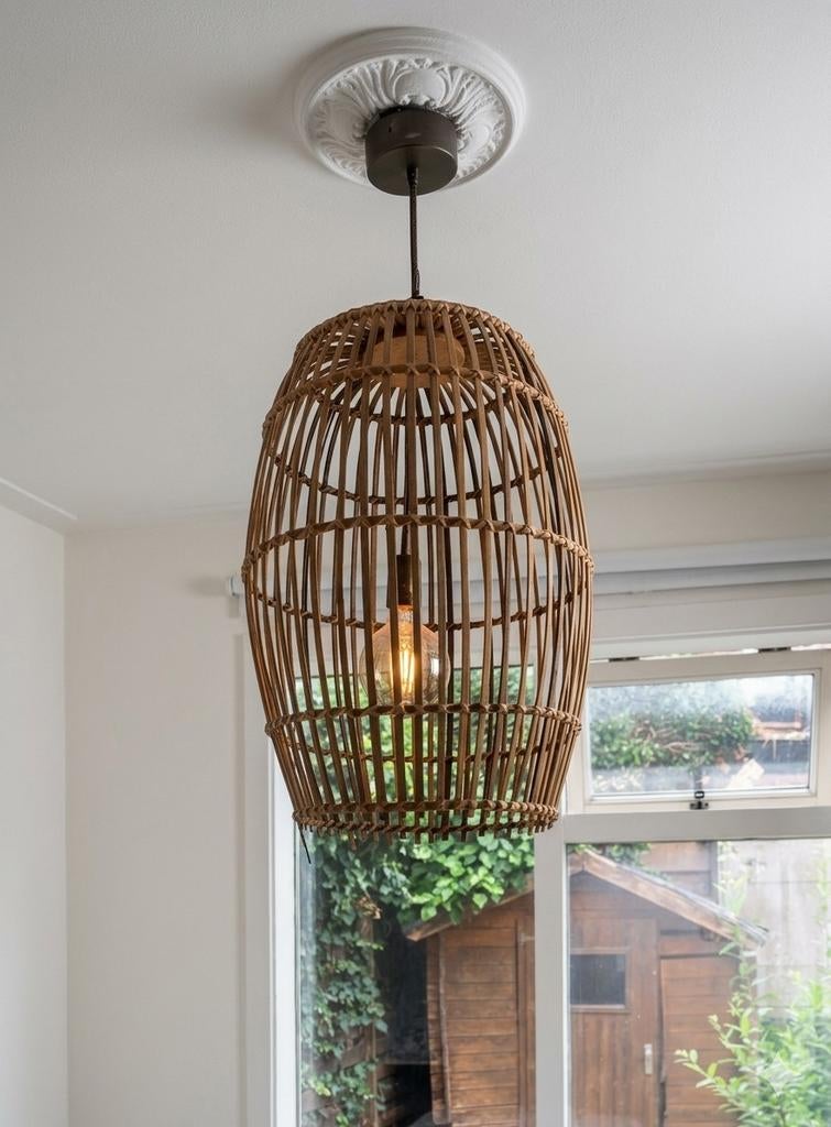 Rotan hanglamp | Houten look, Huis en Inrichting, Lampen | Hanglampen, Ophalen, Gebruikt, Boho, Scandinavisch, 75 cm of meer