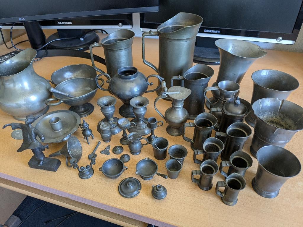 Set van antieke tinnen kannetjes e.d. (miniatuur tot groot), Antiek en Kunst, Antiek | Tin, Ophalen of Verzenden