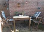 Houten Tuinset 4 stoelen, tafel, tafelkleed en 4 kussens, Ophalen, Gebruikt, Tuinset, Hout