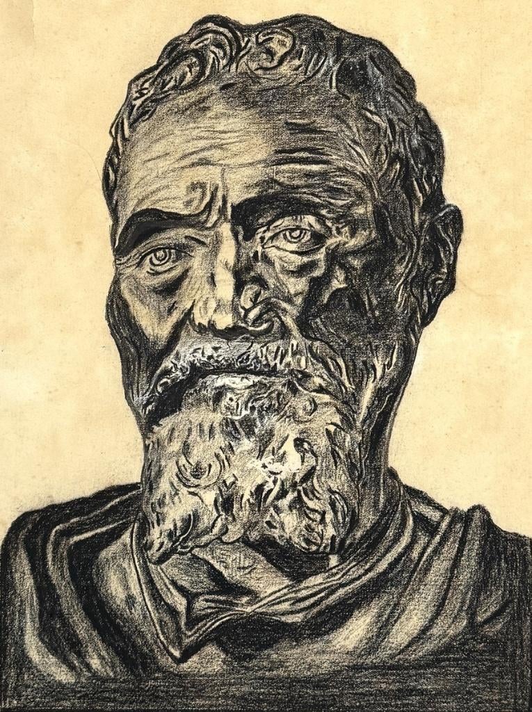 1410. Houtskooltekening, portret Michelangelo, 1943, Antiek en Kunst, Ophalen of Verzenden