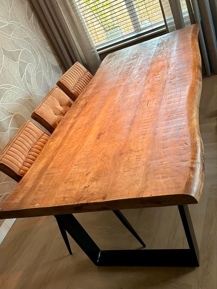 Eiken Boomstam Eettafel 240x98 cm met U-poten, Huis en Inrichting, Tafels | Eettafels, Gebruikt, 50 tot 100 cm, 200 cm of meer