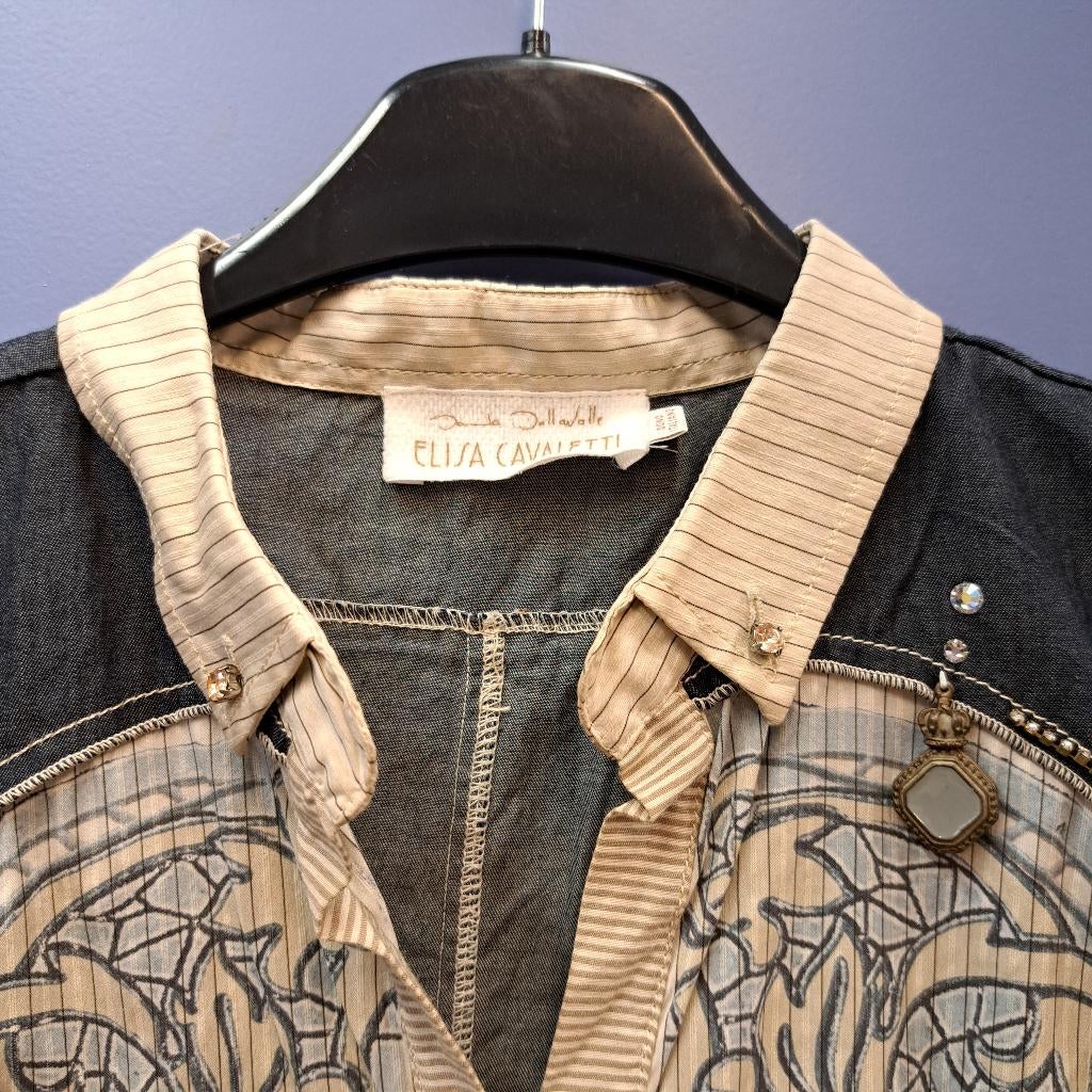 Elisa Cavaletti blouse printjes,knopen, denim, beige S 43689, Blauw, ., Ophalen of Verzenden, Zo goed als nieuw