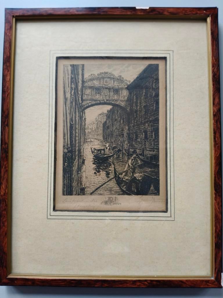Ets Venetië - Brug der Zuchten - Gesigneerd, Ets, Stadsgezicht, 1900 - 1949, Ingelijst