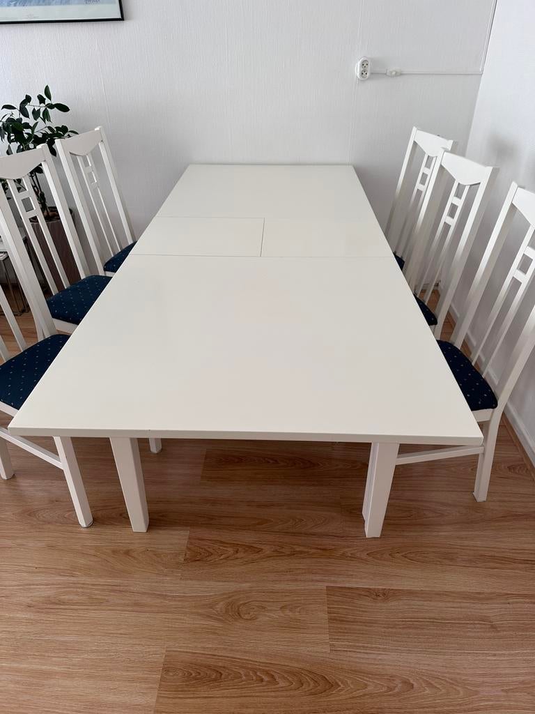 Wit Eettafel van Ikea met 6 stoel te koop, Ophalen, Gebruikt, Vijf personen of meer, Rechthoekig