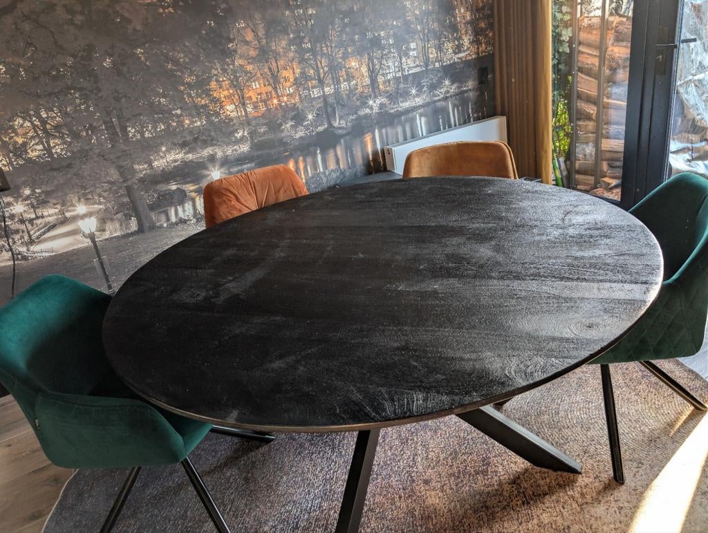 Zwarte visgraat eettafel 150 cm diameter, Huis en Inrichting, Tafels | Eettafels, Ophalen, Gebruikt, Rond, 100 tot 150 cm