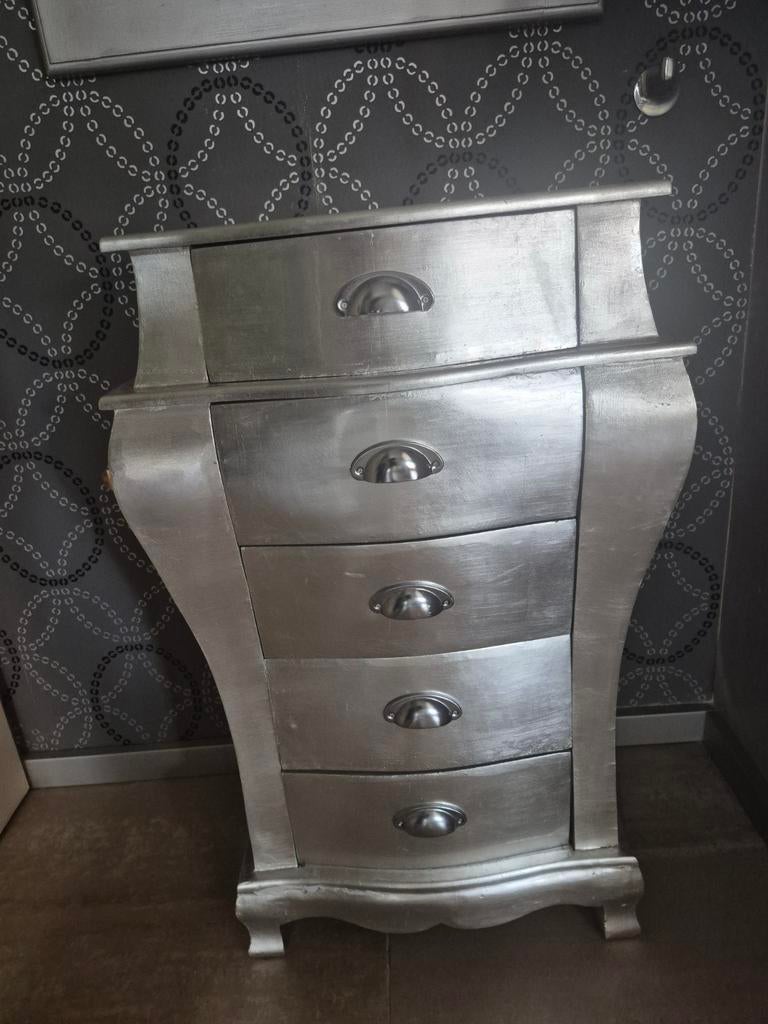 Zilverkleurig hal kastje met 5 lades en spiegel, Huis en Inrichting, Kasten | Ladekasten, Ophalen of Verzenden