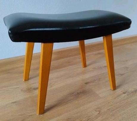 Vintage Deens voetenbankje - Zwart skai leder bekleed, Huis en Inrichting, Banken | Voetenbanken en Poefen, Ophalen, Minder dan 50 cm