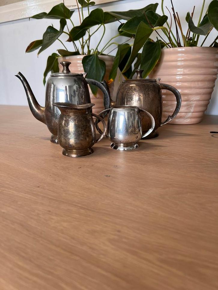 Vintage verzilverd theeservies – 4-delig, Antiek en Kunst, Antiek | Goud en Zilver, Ophalen of Verzenden