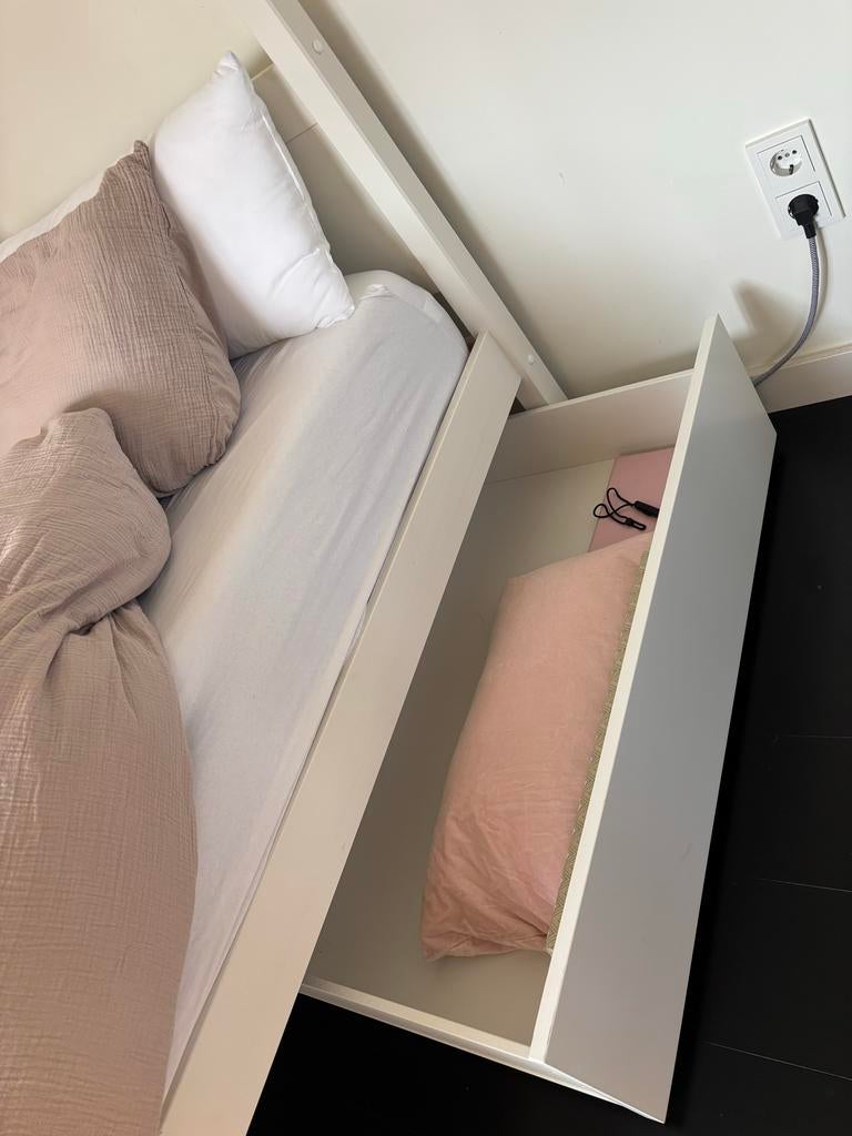 Hemelbed wit Nous Living 200x140 cm met lattenbodem en lades, Ophalen, Wit, 140 cm, Zo goed als nieuw