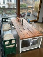 Eettafel van stevig steigerhout met 4 stoelen en bank, Gebruikt, 200 cm of meer, 50 tot 100 cm, Vijf personen of meer