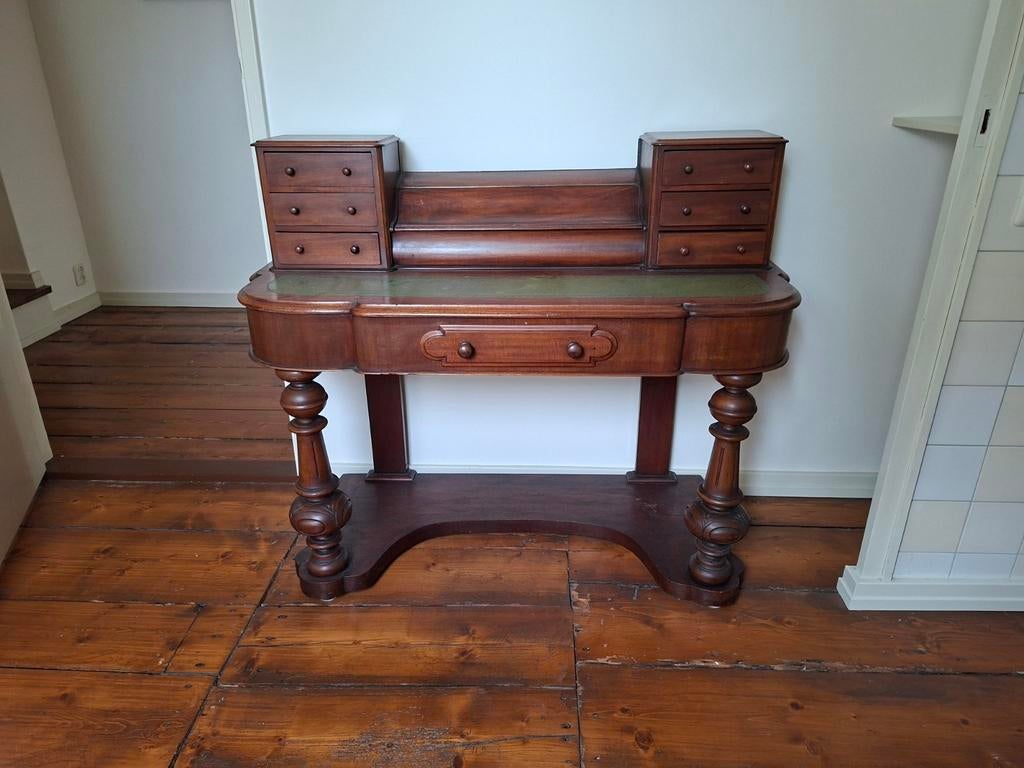 Antiek mahoniehouten secretaire met groen leer, Antiek en Kunst, Antiek | Meubels | Tafels, Ophalen