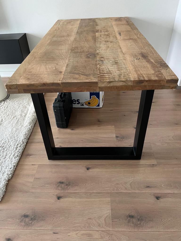 Stoere eettafel massief houten blad, Ophalen, 100 tot 150 cm, 50 tot 75 cm, Eikenhout