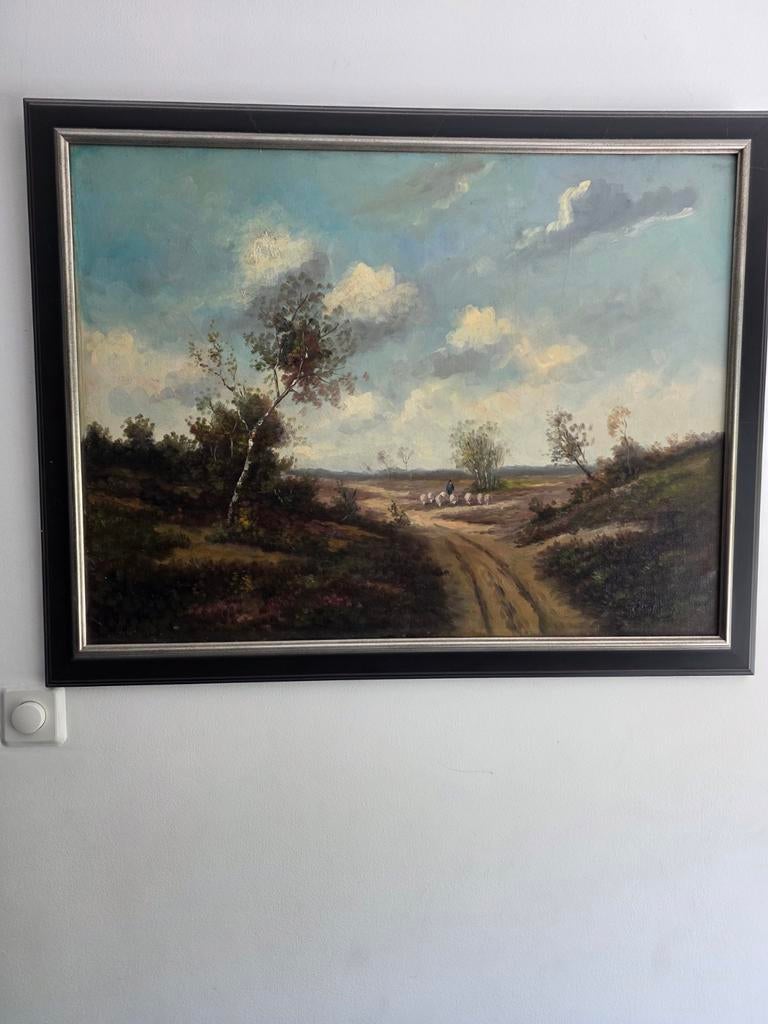 Schilderij Joseph Sloman - Heidelandschap met schapen, Antiek en Kunst, Kunst | Schilderijen | Klassiek, Ophalen of Verzenden