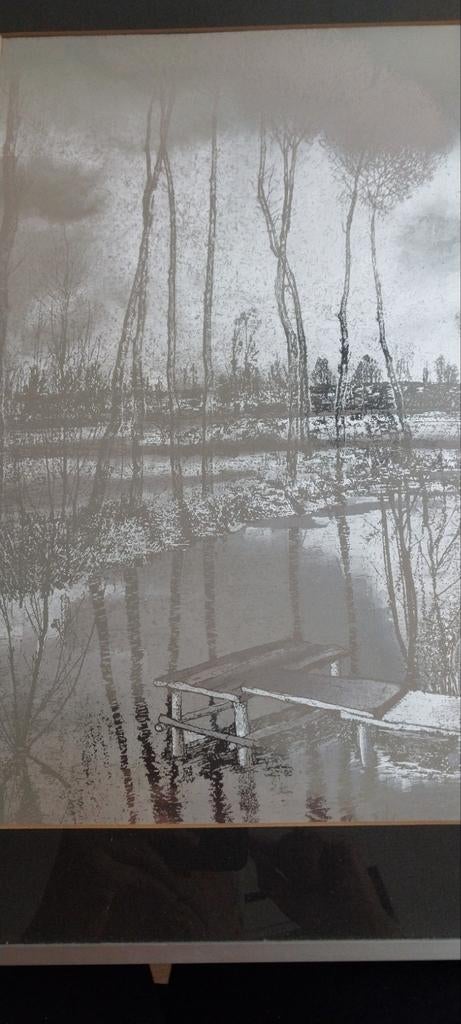 Schilderij in metaal met landschap en steiger, Ophalen of Verzenden