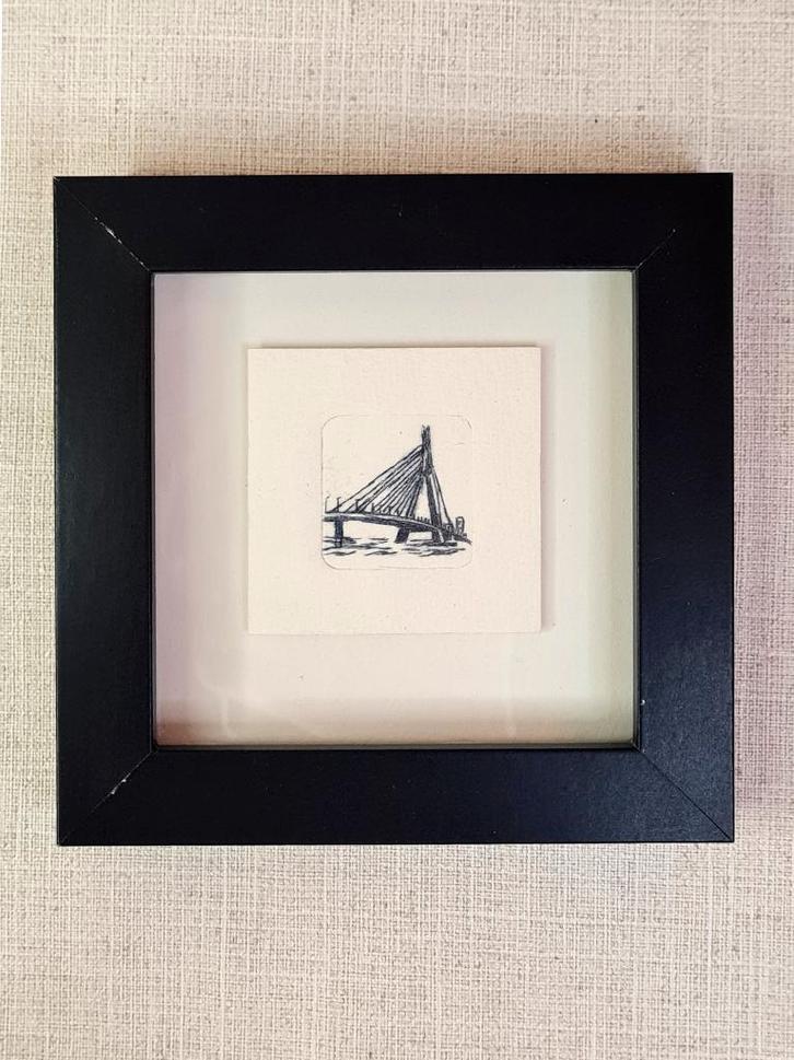 Etsje van Erasmusbrug, Rotterdam met 3D lijstje 10x10 cm, Huis en Inrichting, Woonaccessoires | Schilderijen, Tekeningen en Foto's